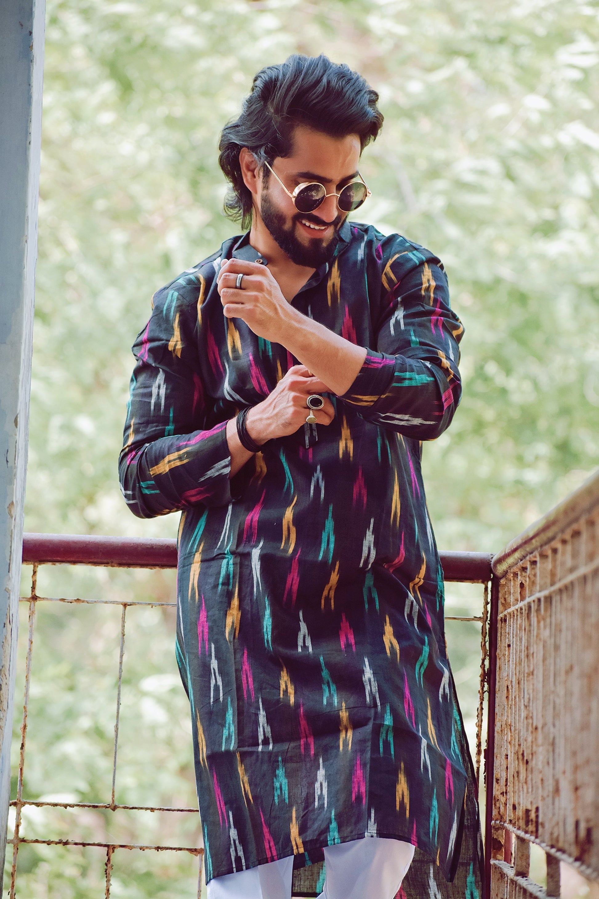 Jompers Men Black Woven Design Ikkat Straight Kurta Only