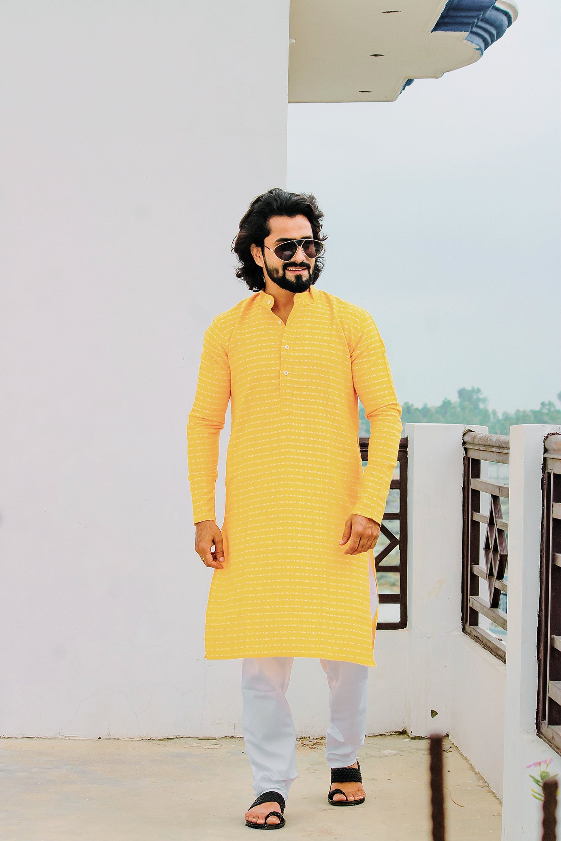 Jompers Men Yellow Woven Design Straight Kurta Only