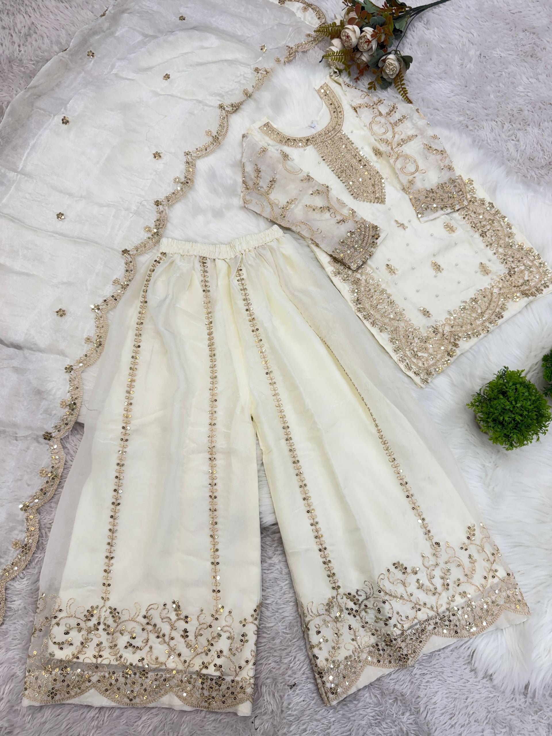 Teeya Creation New Trendy Fully Stitched Ready to Wear Kids Kurta Palazzo Set-White