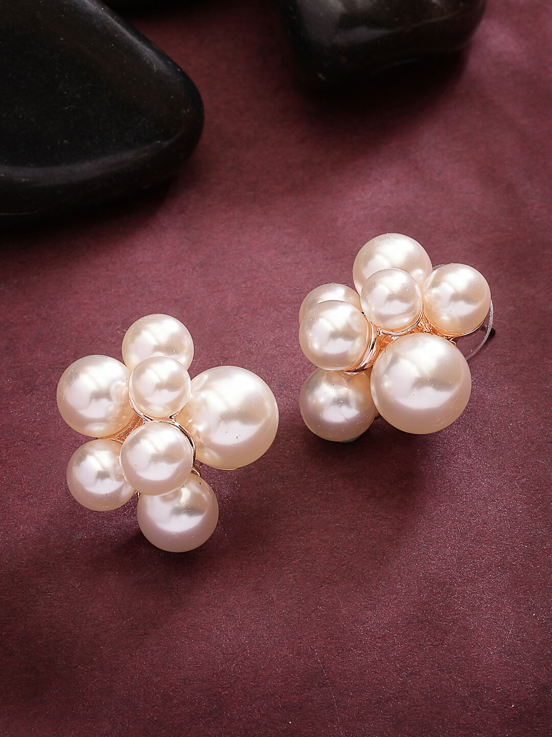 NVR Women's Gold Pearl Gold-Polished Circular Studs Earring 