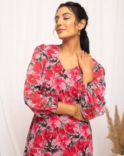 FIORRA Women's Red & Pink Georgette Floral Printed Western Dress 