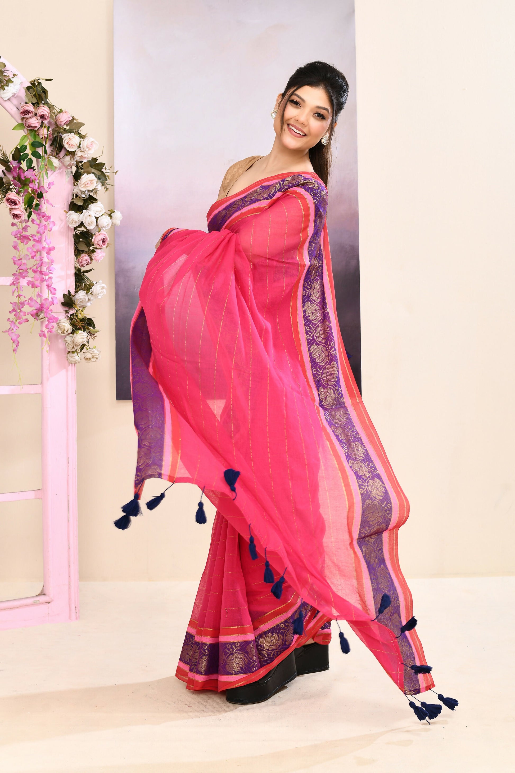 Piyari Fashion Women's Rani Pink Embellished Zari Border Cotton Saree