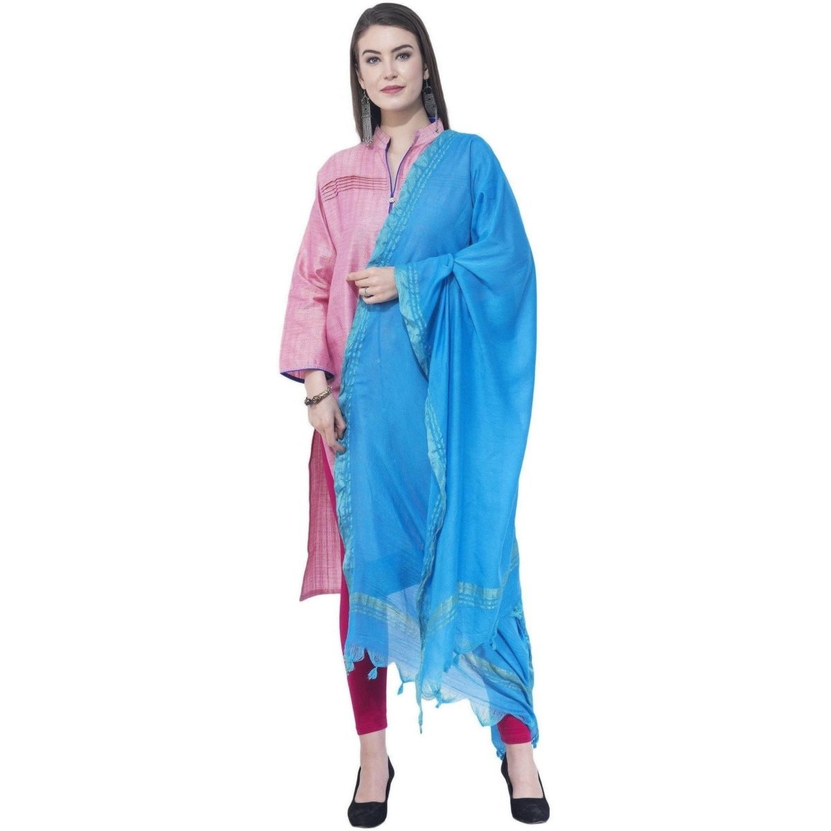 A R Silk Dark Sky Blue Color Golden Border Cotton Dupatta 