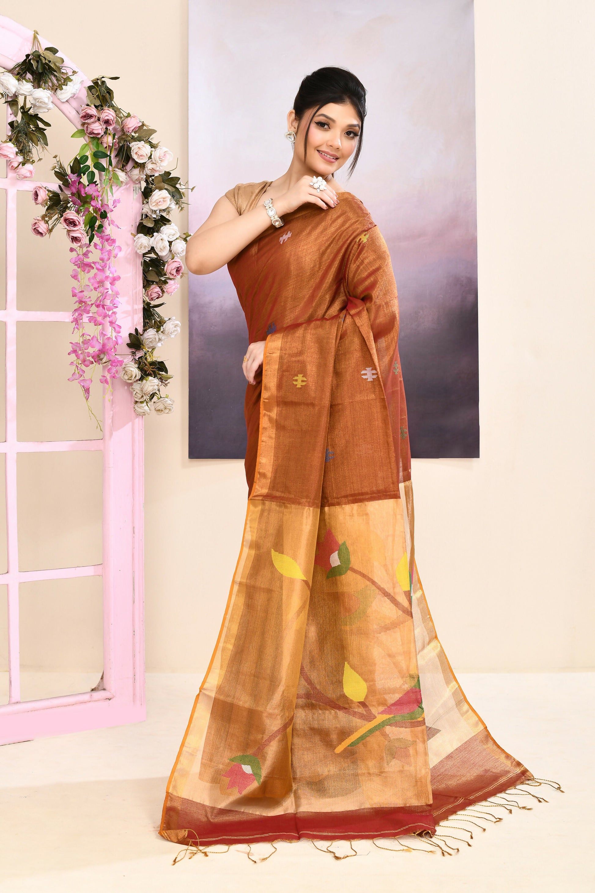 Piyari Fashion Women's Brown Embellished Tissue Jamdani Saree