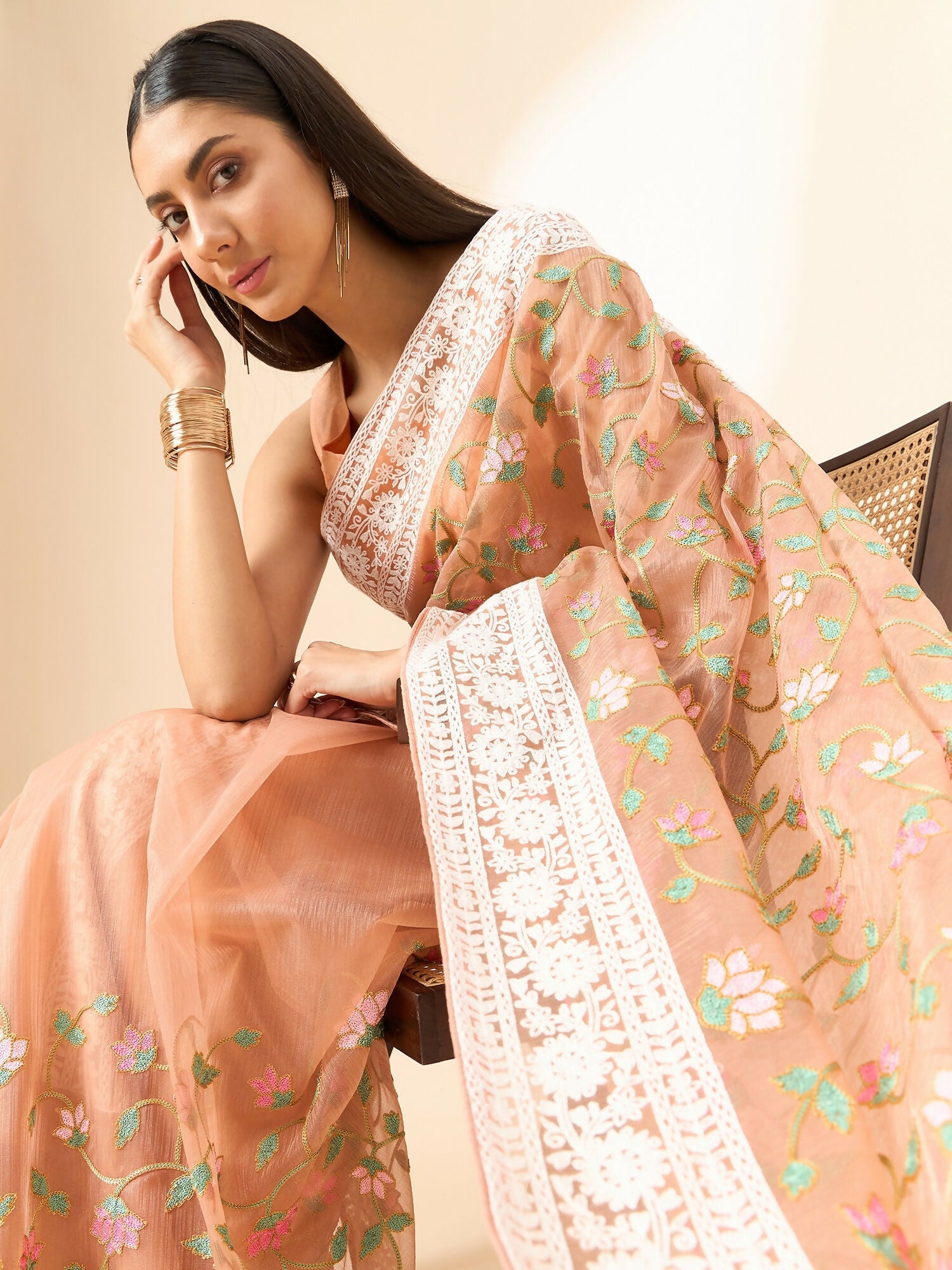 Peach Organza Floral Embroidered Saree with Unstitched Blouse Piece - Roozal