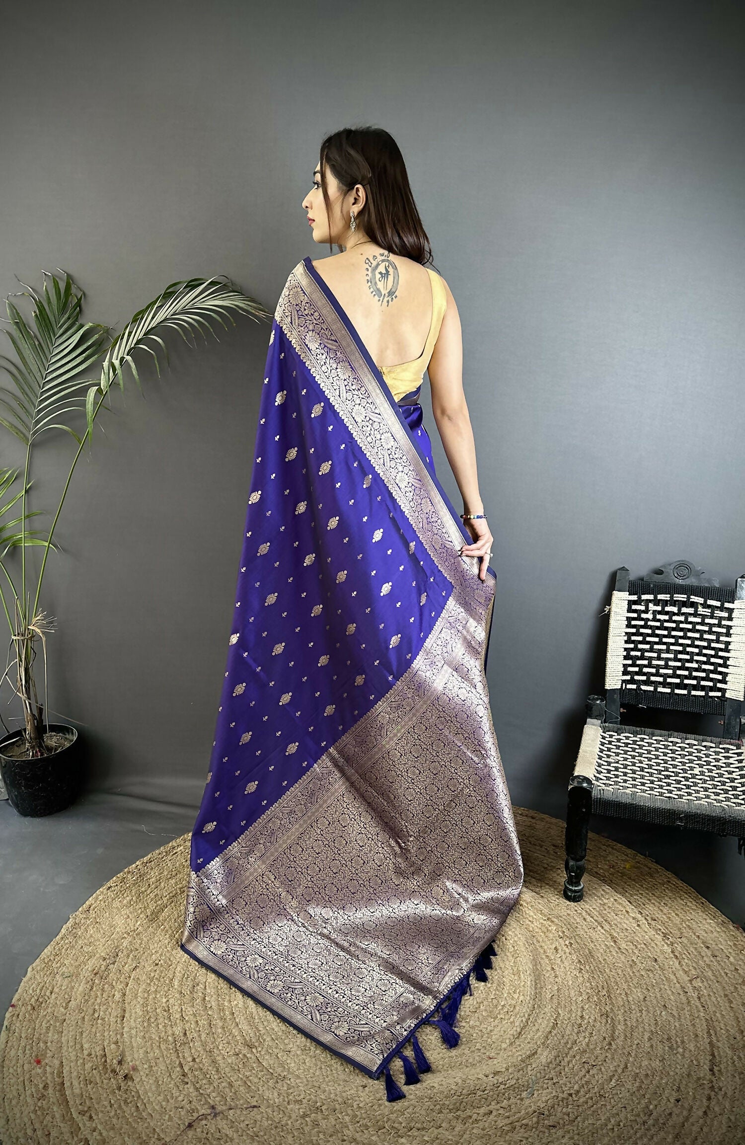 Joban Fashion Royal Blue Zari Weaving Motif Lichi Silk Banarasi Silk Saree
