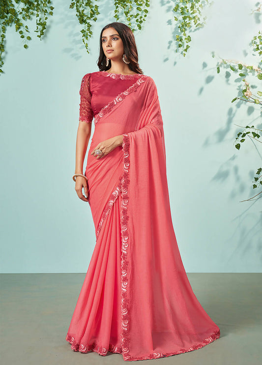 Peach Barbarie Chiffon Solid Saree With Unstitched Blouse Piece - Norita Ikshita