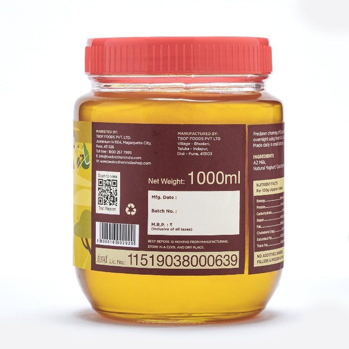 Two Brothers Organic Farms A2 Gir Cow Cultured Ghee | Cultured Cow Desi Ghee | Curd-Churned Bilona Ghee | Pure, Natural, and Healthy 