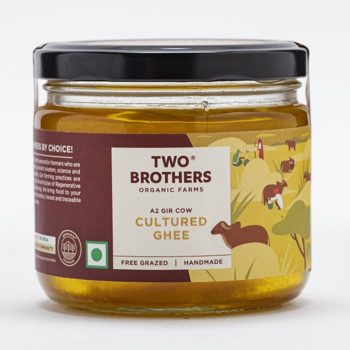 Two Brothers Organic Farms A2 Gir Cow Cultured Ghee | Cultured Cow Desi Ghee | Curd-Churned Bilona Ghee | Pure, Natural, and Healthy 