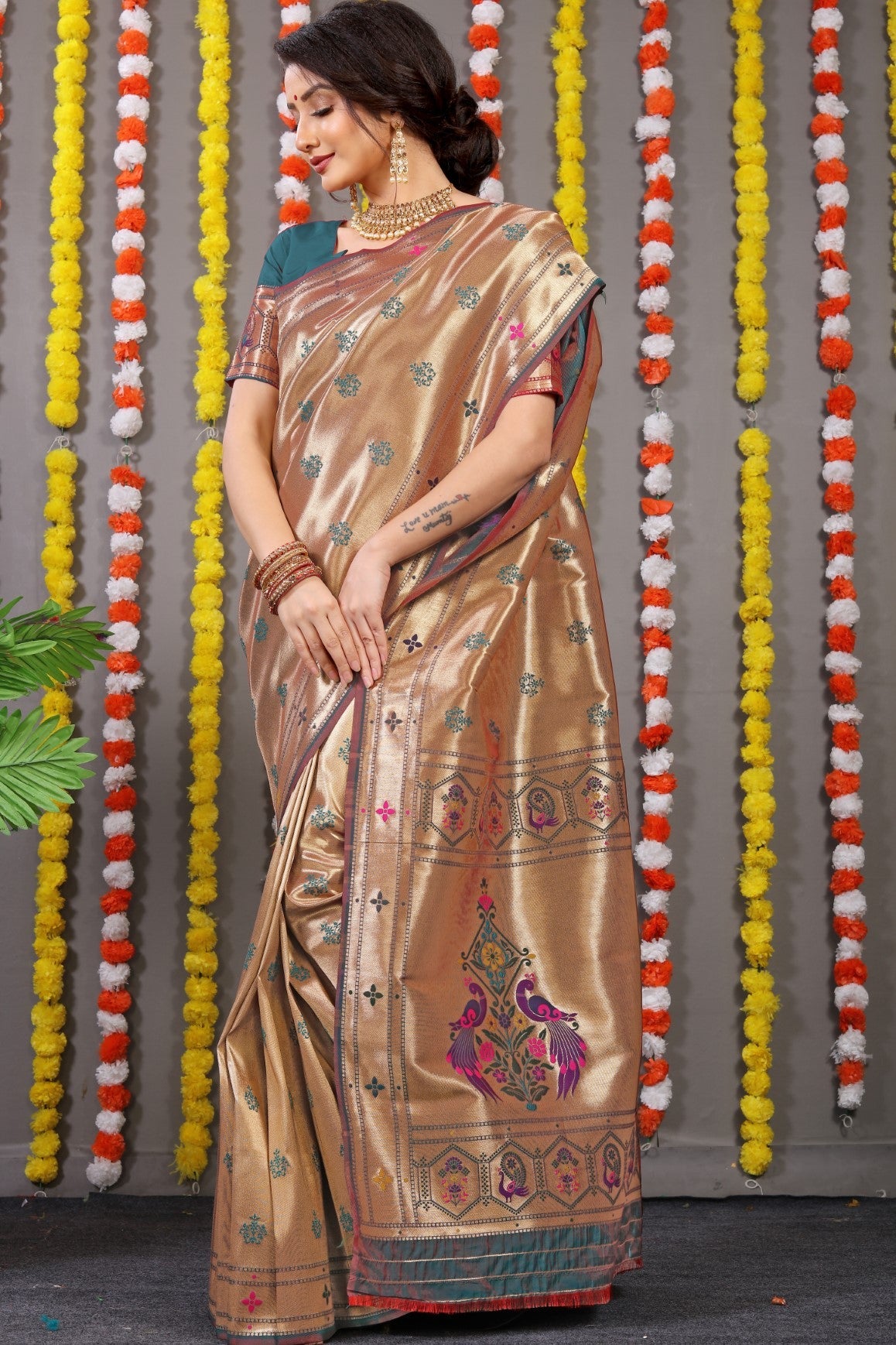 Anaita Green Woven Design Pure Silk Banarasi Saree With Blouse