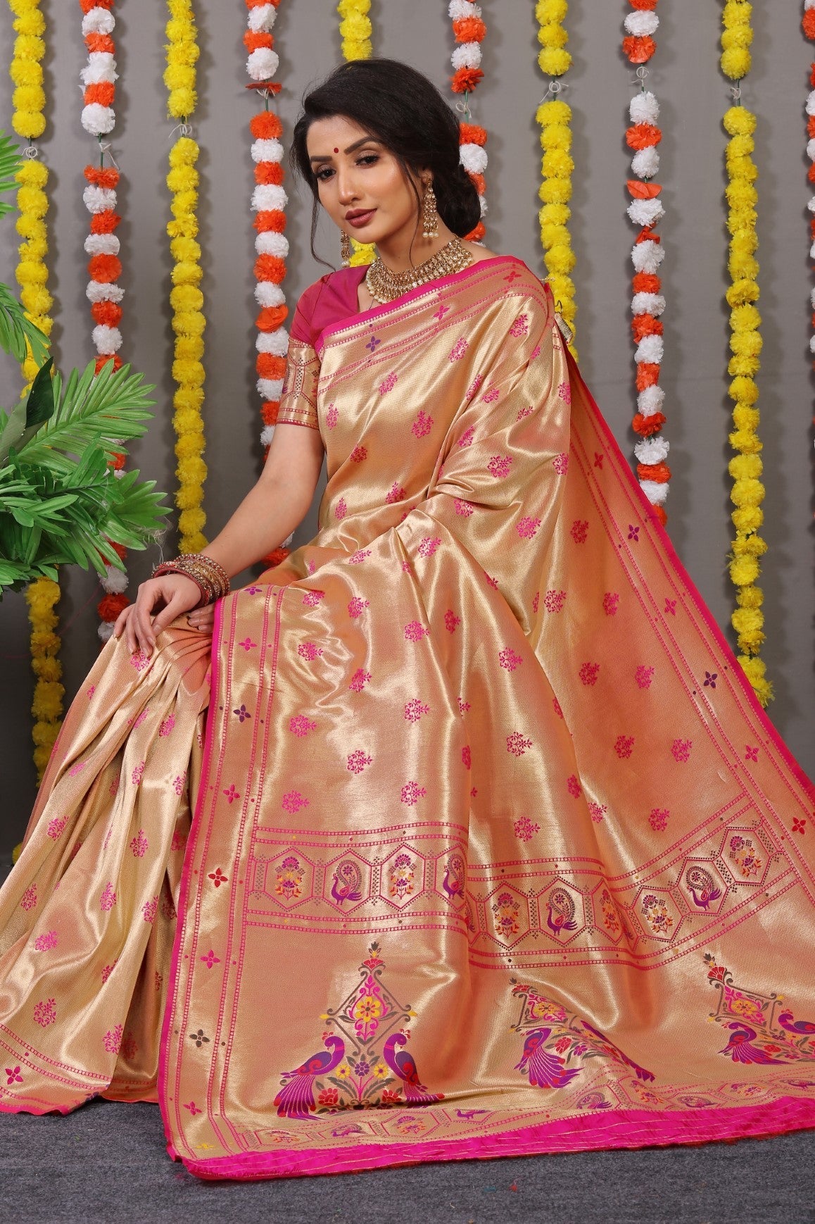 Anaita Pink Woven Design Pure Silk Banarasi Saree With Blouse
