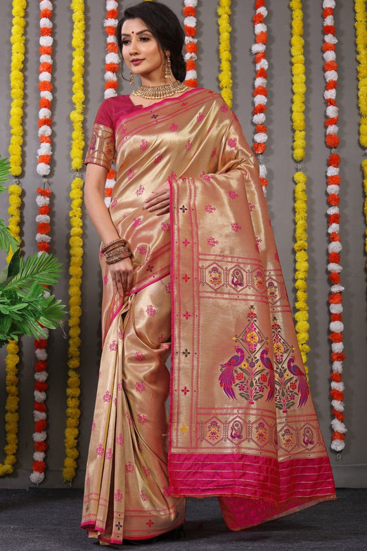 Anaita Pink Woven Design Pure Silk Banarasi Saree With Blouse