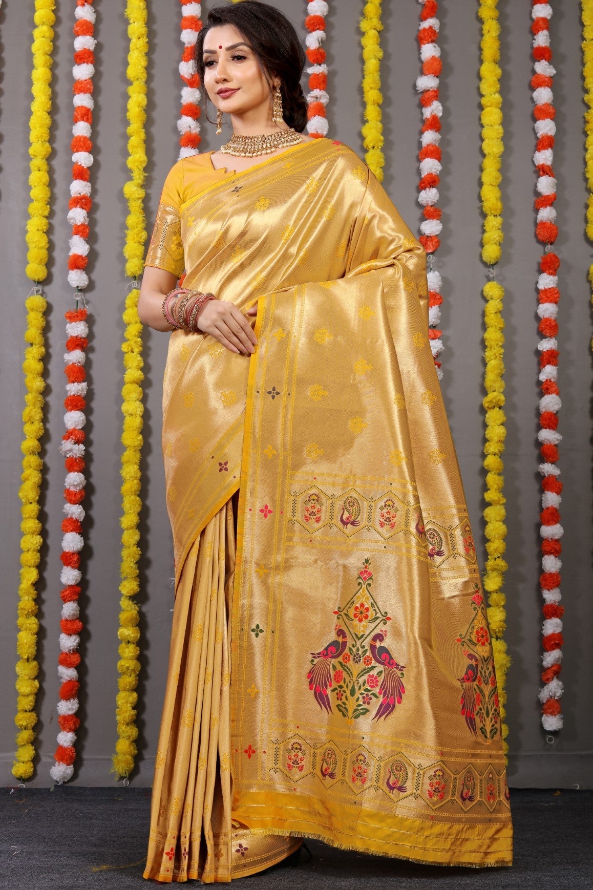 Anaita Yellow Woven Design Pure Silk Banarasi Saree With Blouse