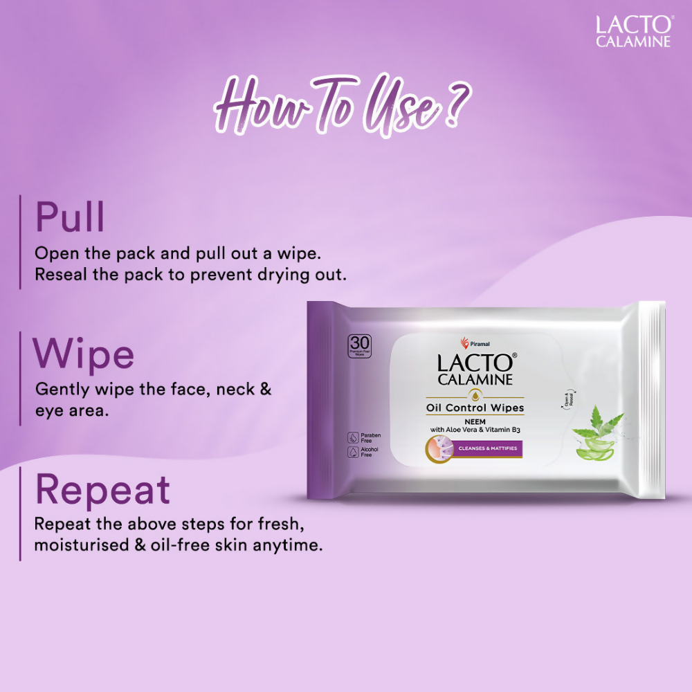 Lacto Calamine Oil Control Face Wipes, Makeup Remover Wipes With Neem & Aloe 30 Usable Wipes 