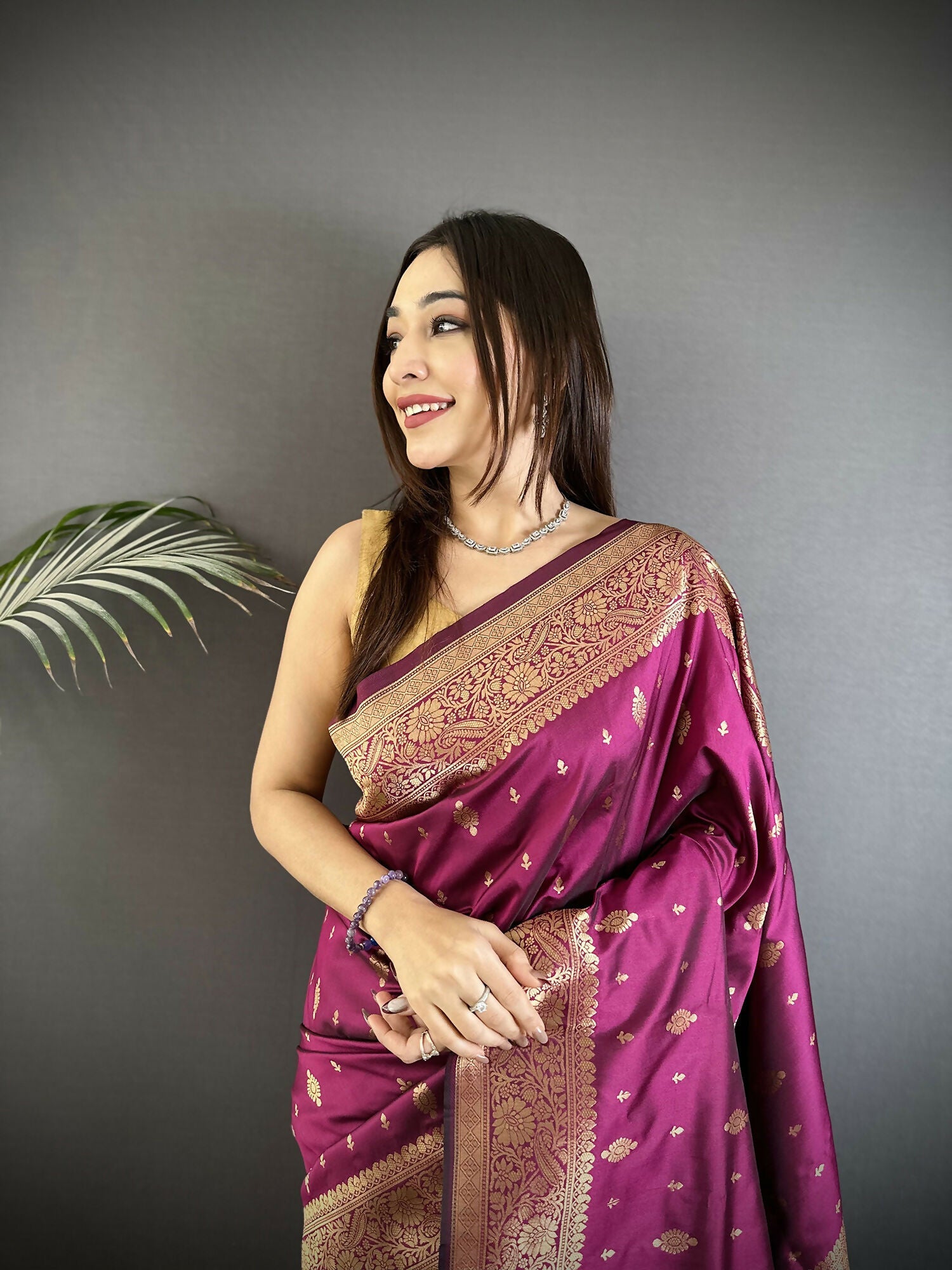 Joban Fashion Magenta Zari Weaving Motif Lichi Silk Banarasi Silk Saree