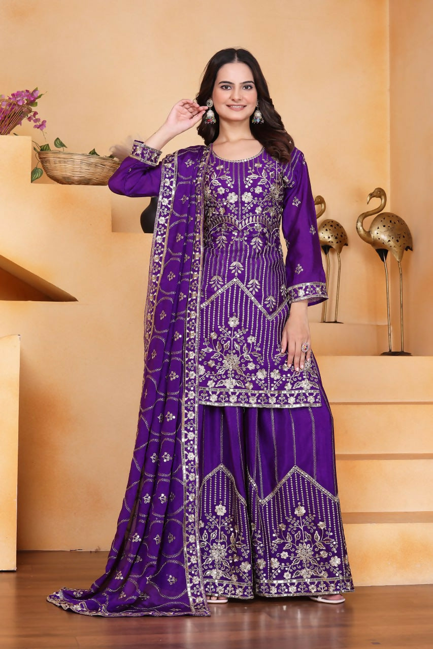 Joban Fashion Purple Silk Embroidered Sharara Set