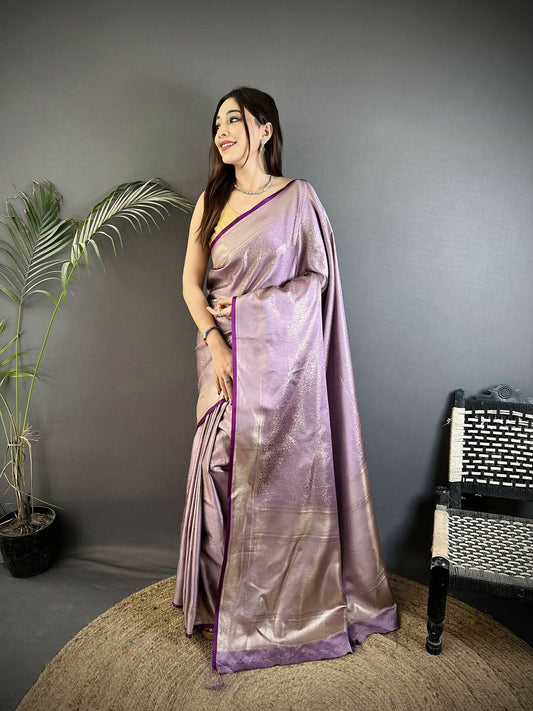 Joban Fashion Lavender Floral Motifs & Ethnic Design Soft Satin Silk Kanchipuram Saree