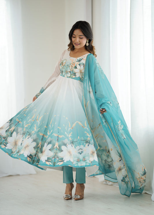 Lorenvalley Fashion Soft Organza Silk Front On Fancy Badla Jari Work Flower Position Print Outing Work Anarkali Kurta Pant With Dupatta Set 