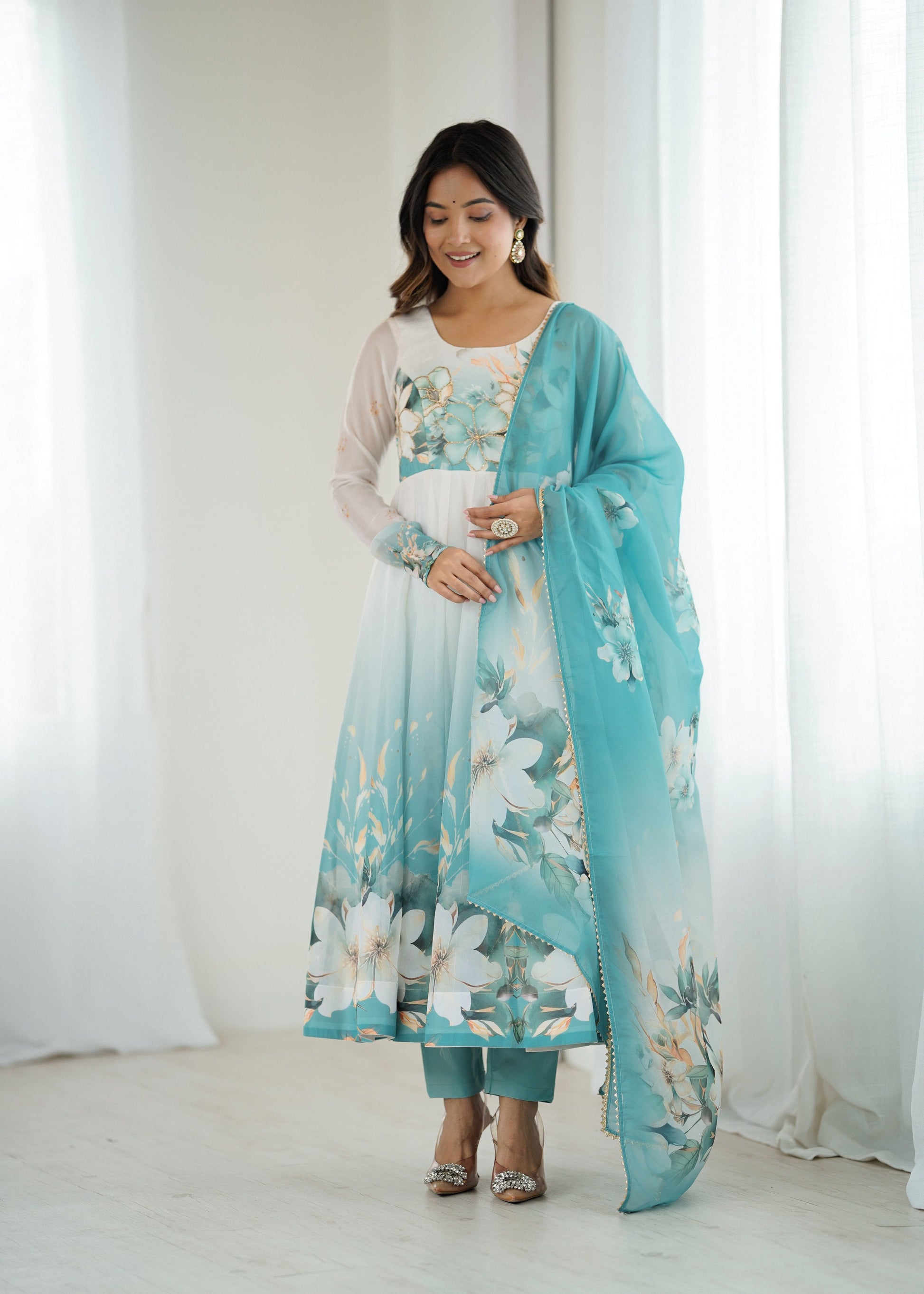Lorenvalley Fashion Soft Organza Silk Front On Fancy Badla Jari Work Flower Position Print Outing Work Anarkali Kurta Pant With Dupatta Set 