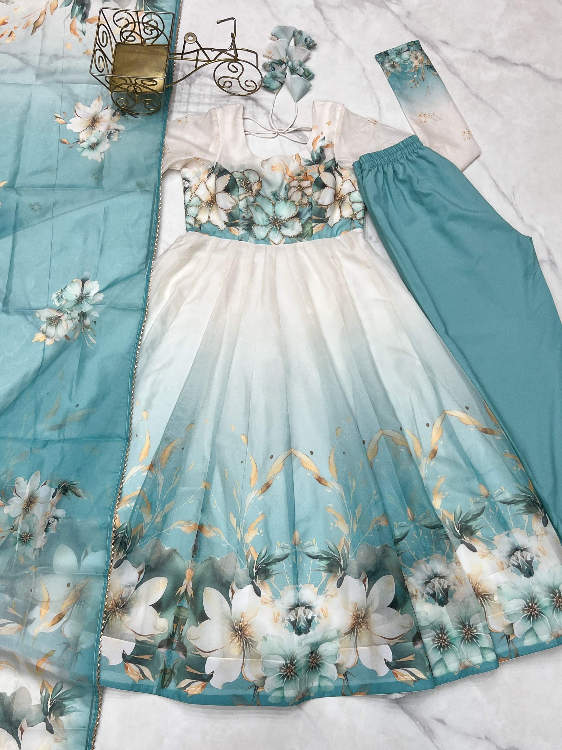 Lorenvalley Fashion Soft Organza Silk Front On Fancy Badla Jari Work Flower Position Print Outing Work Anarkali Kurta Pant With Dupatta Set 