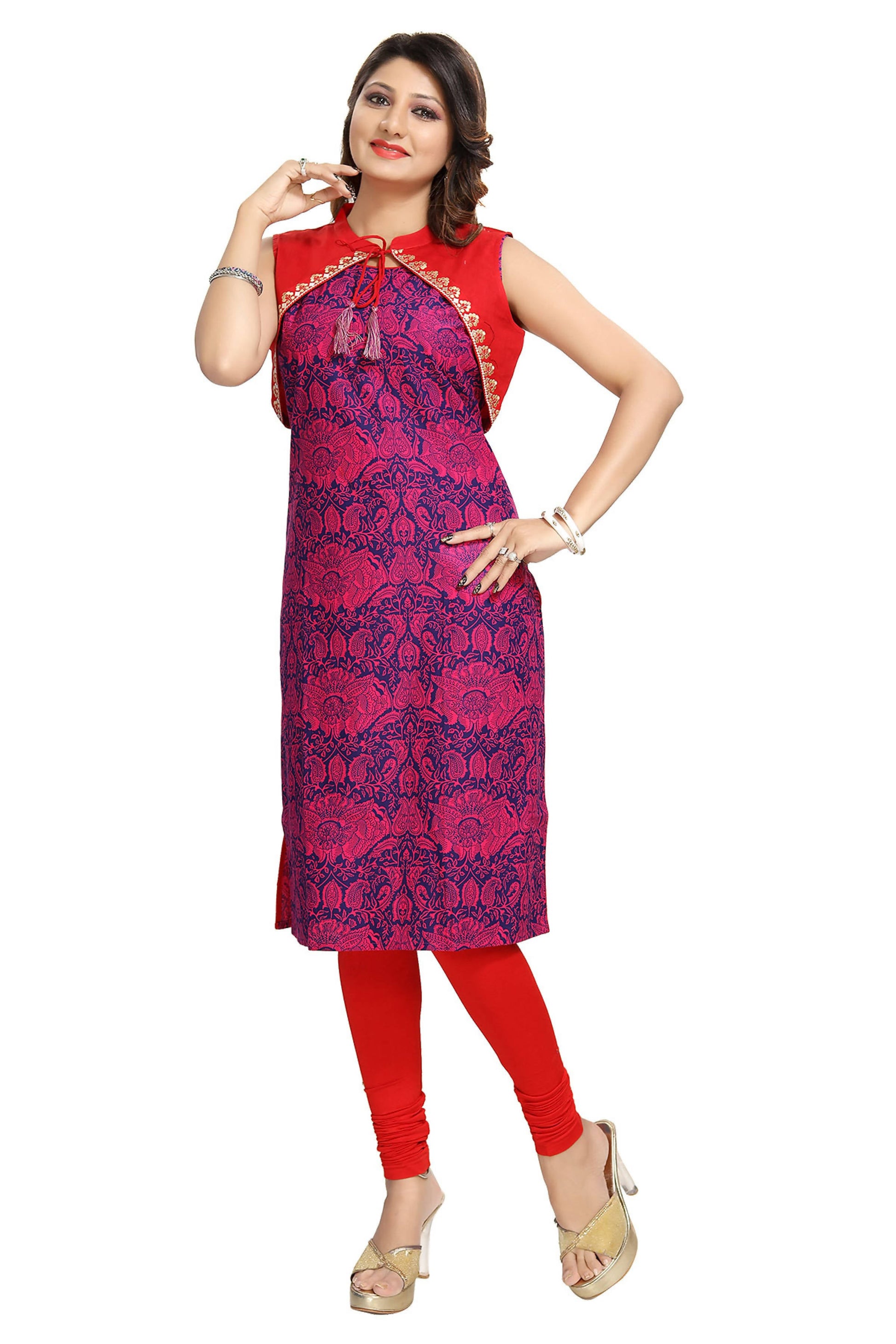 Snehal Creations Pure Purple Jacket Style Printed Sleeveless Kurti For Daily Wear