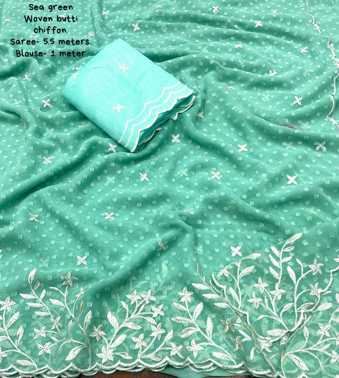 Sky Pure Chiffon Woven Design Saree with Unstitched Blouse - A2M