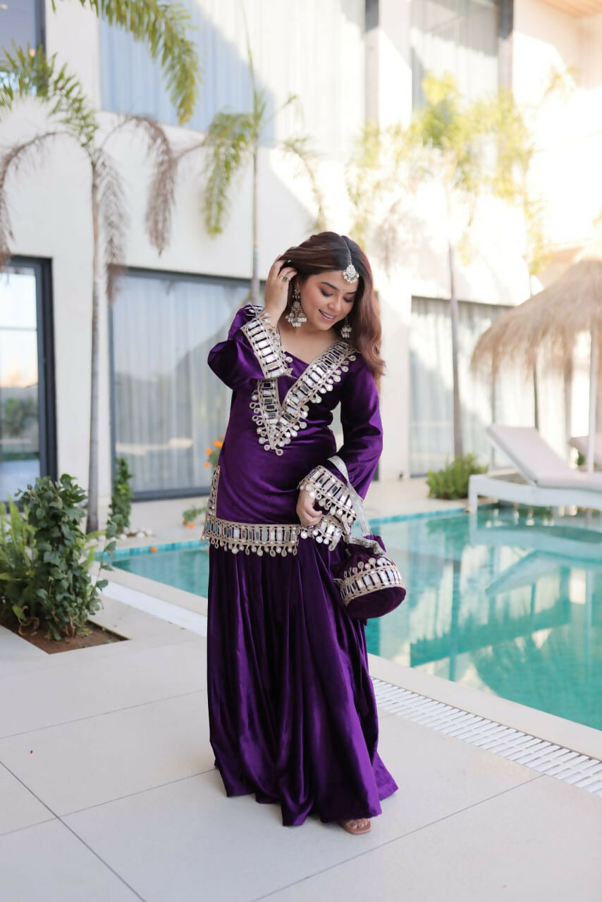 Joban Fashion Purple Kurta Set Velvet Embroidery Sequence Work