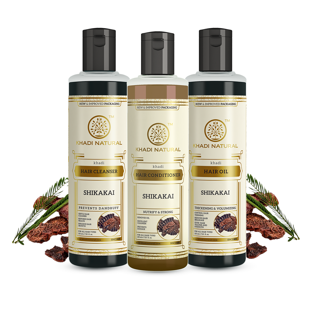 Khadi Natural Soft & Silky Strands Pack – Shikakai Hair Cleanser, Hair Conditioner & Hair Oil Combo Pack of 3 – 210ml Each 