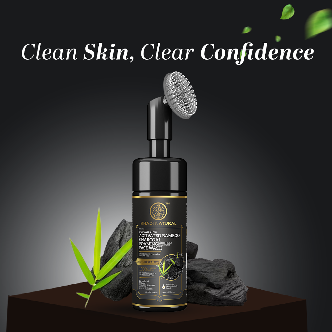 Khadi Natural Activated Bamboo Charcoal Foaming Face Wash with In- Built Face Brush - 150ml 