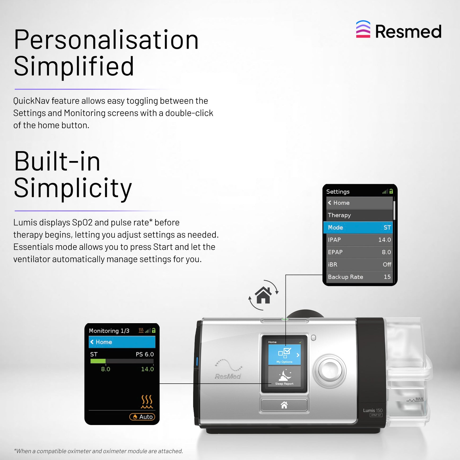 Resmed Lumis™ 150 VPAP ST Non‑Invasive Ventilator – Tripack 4G 