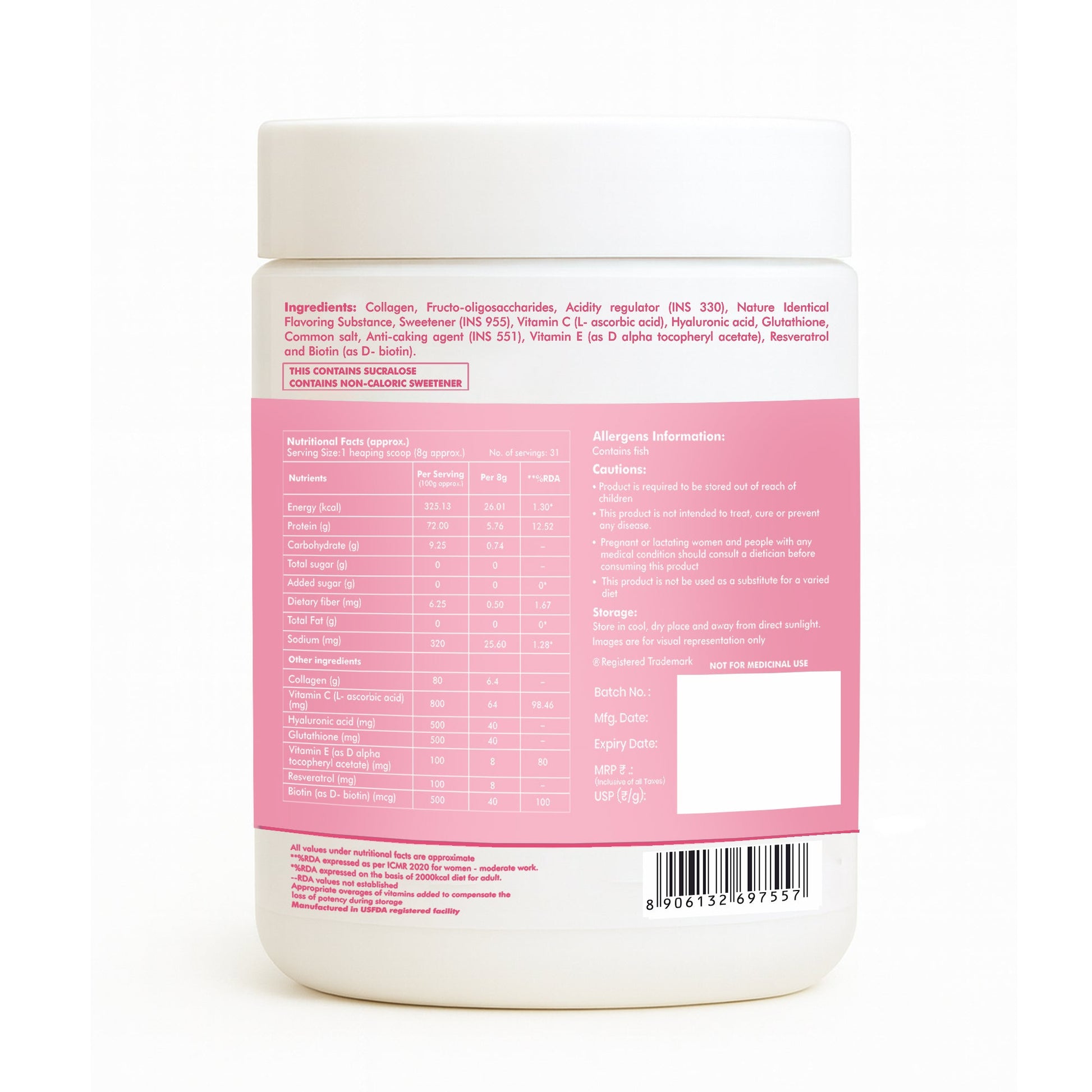 Dr. Morepen Skin Collagen Protein Powder With Hyaluronic Acid, Vitamin C, Sesbania & Biotin - Pineapple Flavour 