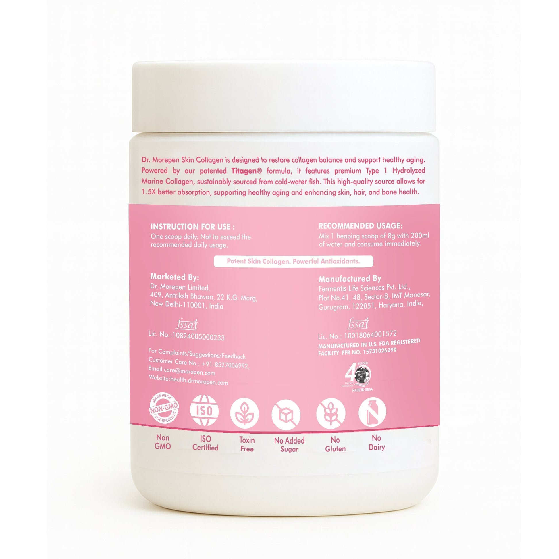 Dr. Morepen Skin Collagen Protein Powder With Hyaluronic Acid, Vitamin C, Sesbania & Biotin - Pineapple Flavour 