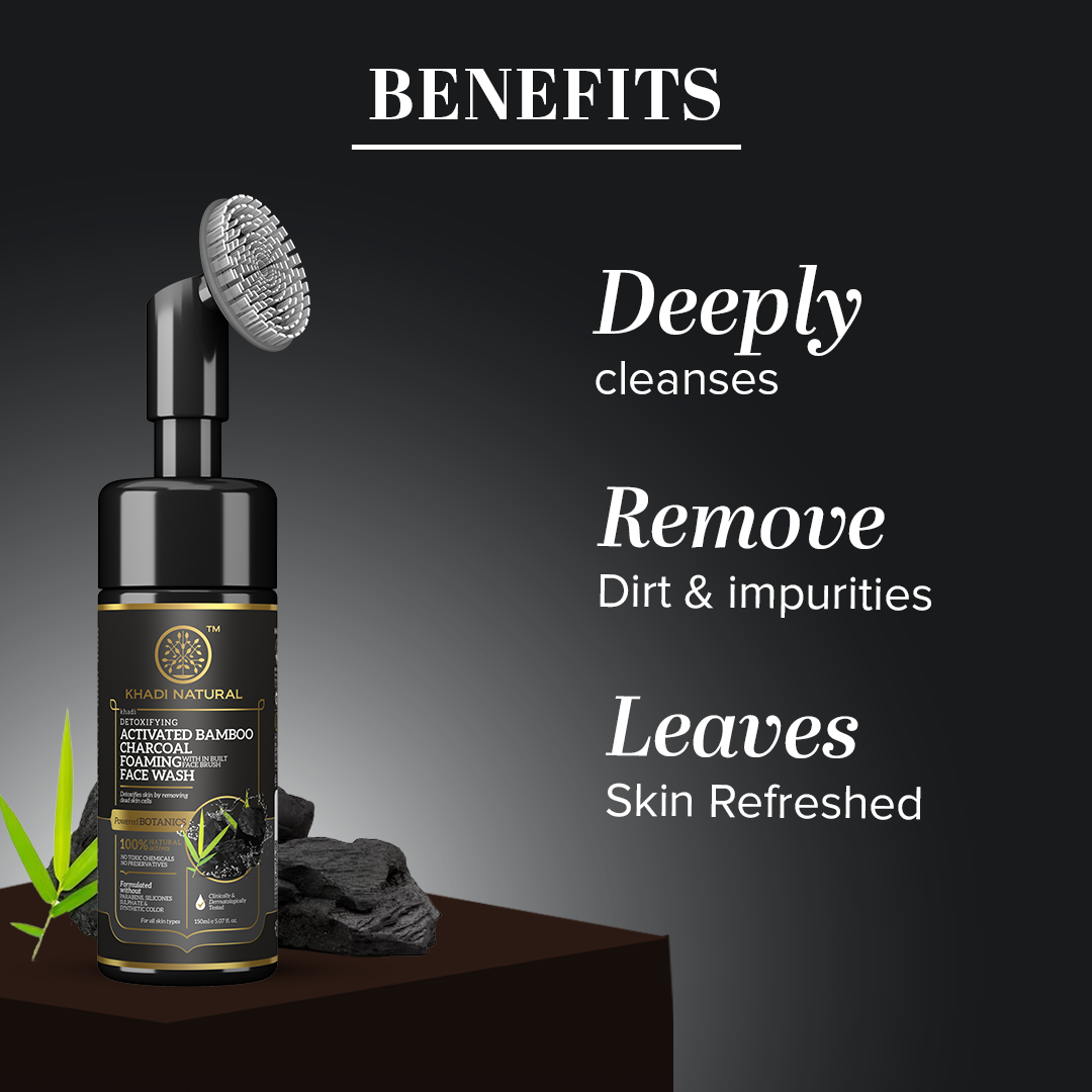 Khadi Natural Activated Bamboo Charcoal Foaming Face Wash with In- Built Face Brush - 150ml 