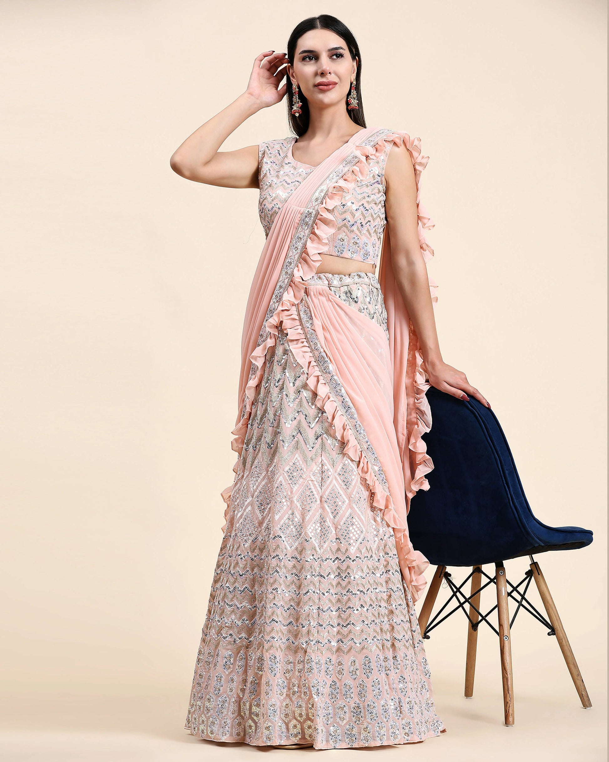Peach Pure Viscose Georgette Thread With Sequins Embroidery Work Lehenga Choli With Dupatta - Tanya