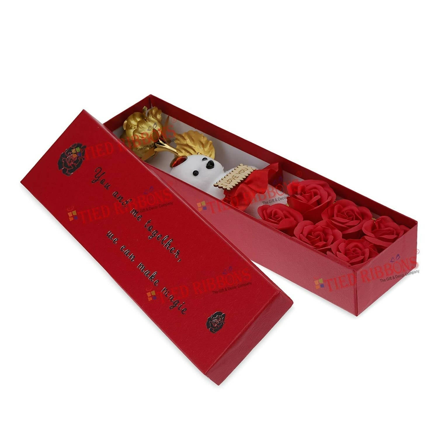 Tied Ribbons Rose Flower Artificial With Teddy - Valentines Day Gift Box 