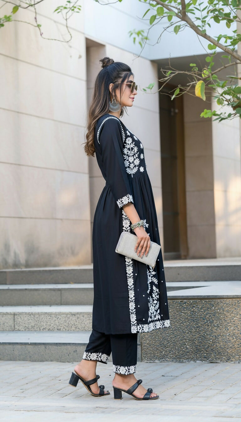 BulBul Arushi Black Rayon Kurta Set with Lucknowi Work 
