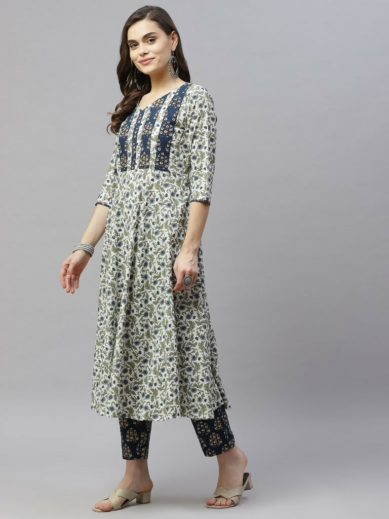 Miravan Women's Floral Printed Anarkali Pure Cotton Kurta With Palazzo Set