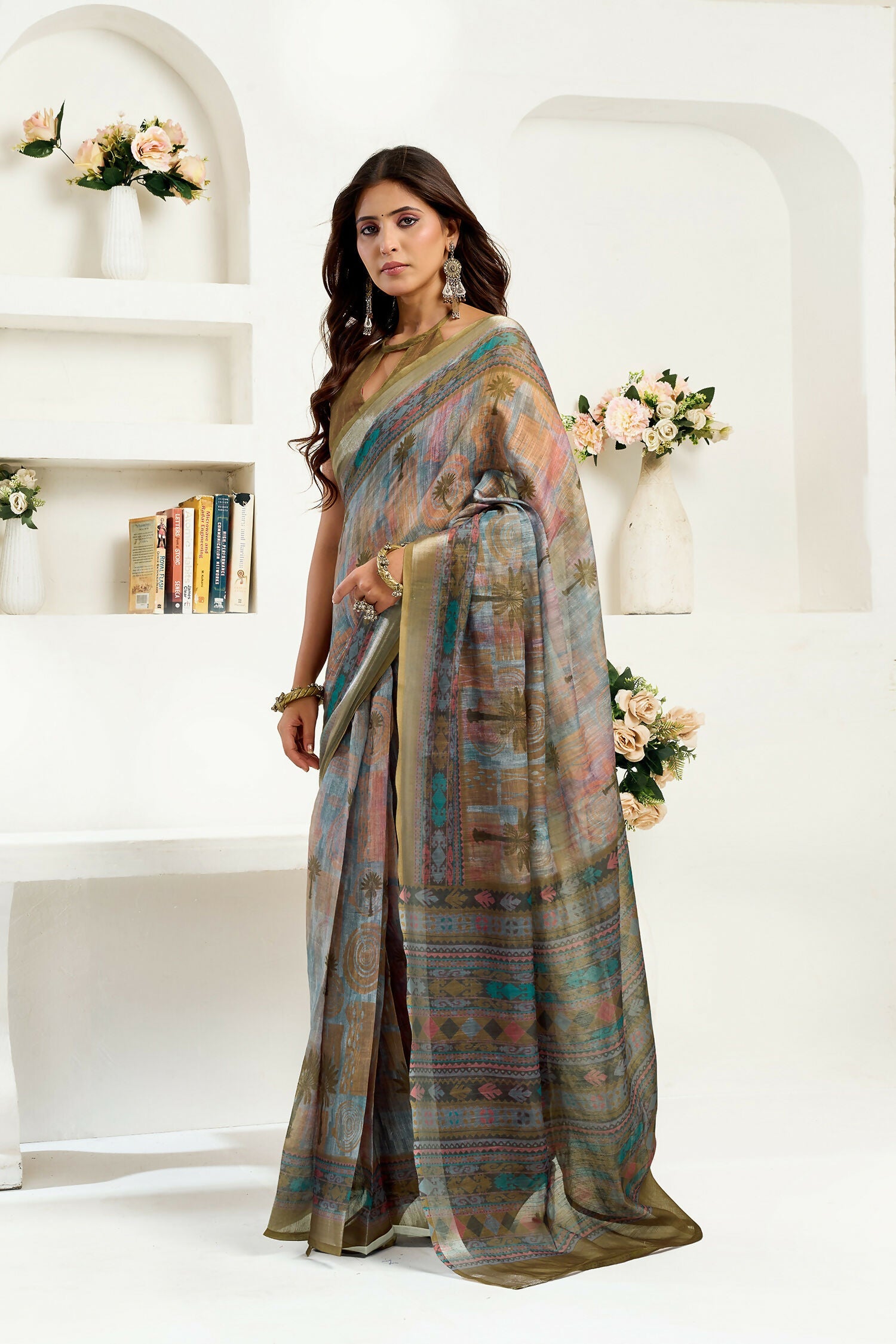 Joban Fashion Dusty Green Floral & Ethnic Motifs Linen Ready To Wear Saree With Unstitched Blouse