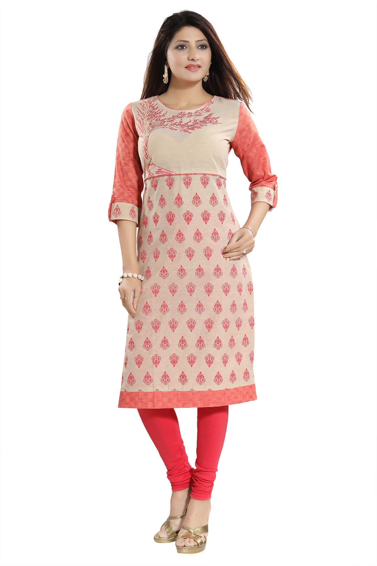 Snehal Creations Flamboyant Tomato And Beige Cotton Printed Tunic