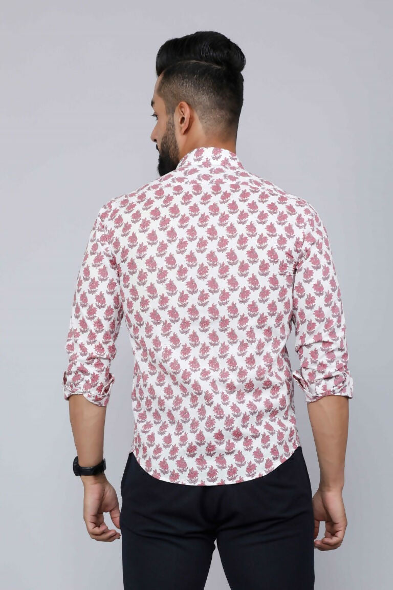 Miravan Men's White & Pink Spread Collar Floral Print Shirt 