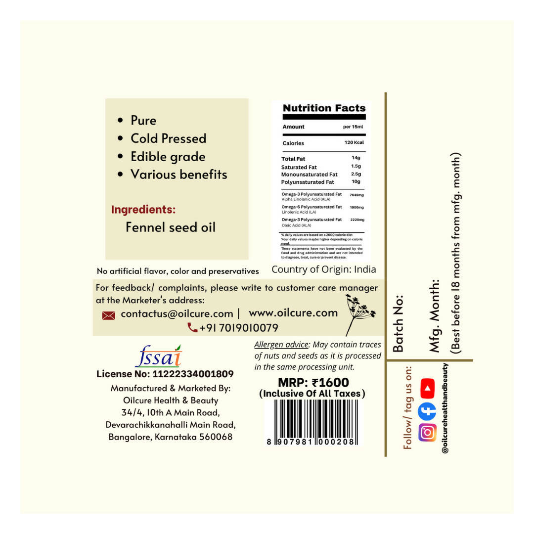 Oilcure Fennel Seed Oil (Saunf) Cold Pressed 