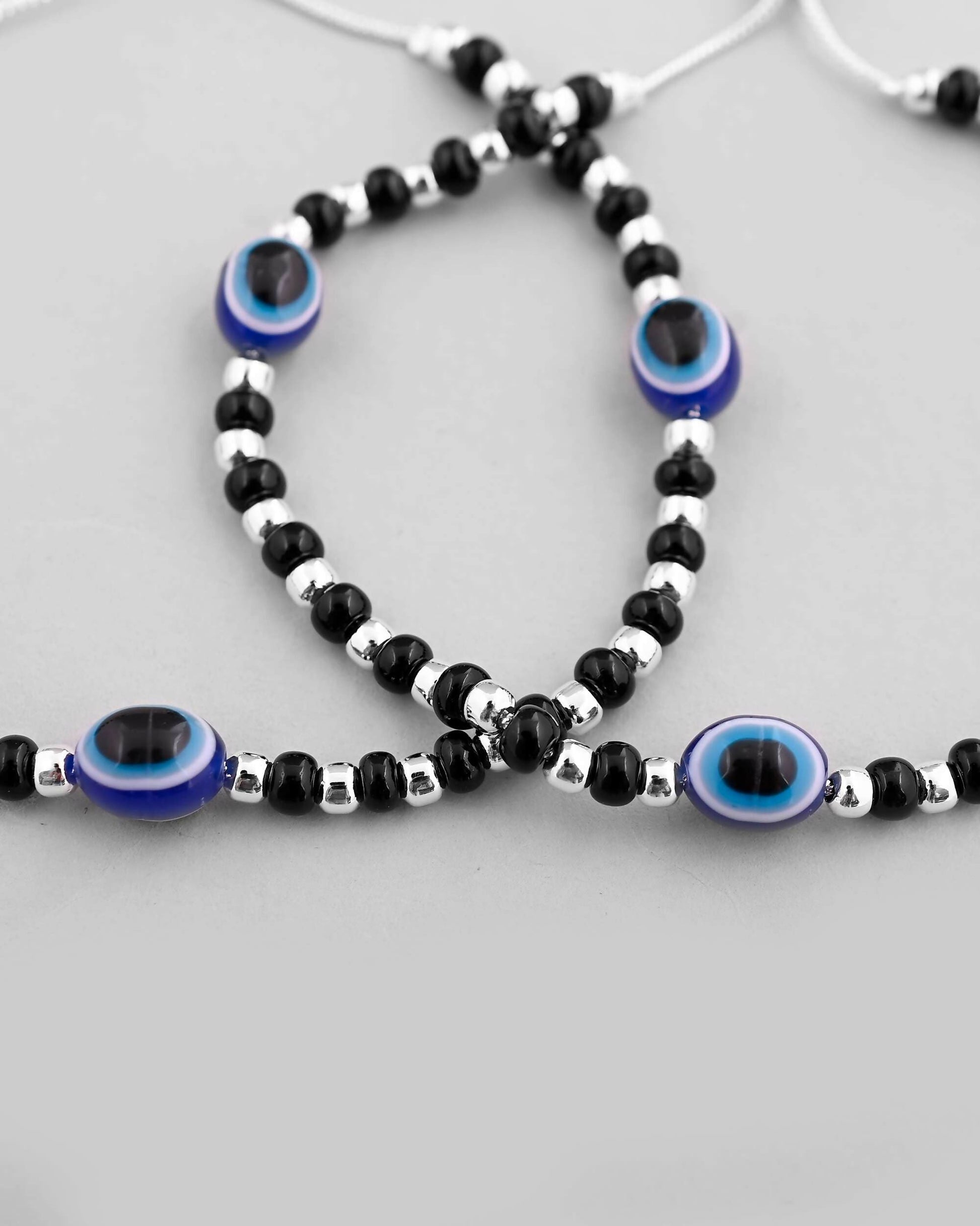 VOJ Set of 2 Silver Plated Evil Eye With Black And Silver Beads Anklet 