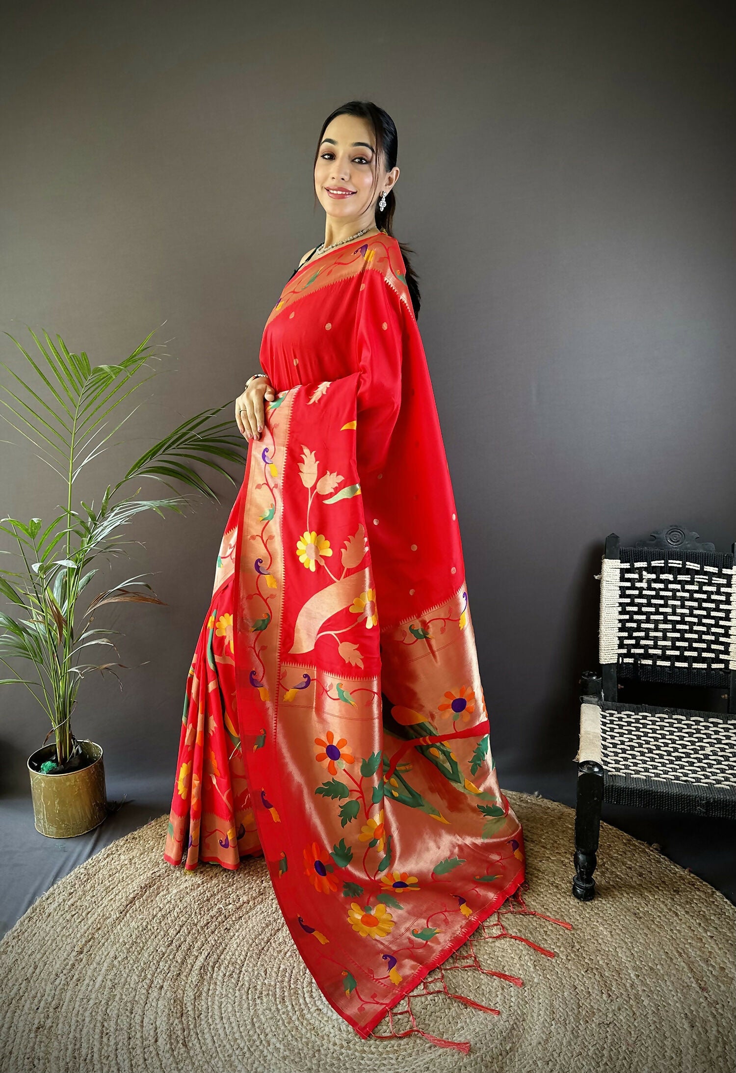 Joban Fashion Red Zari Woven Floral Motifs Soft Silk Paithani Silk Saree