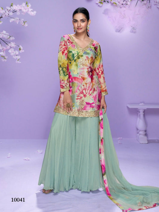 Anaita Sea Green Chinon Readymade Palazzo Suit with Digital Embroidery Work