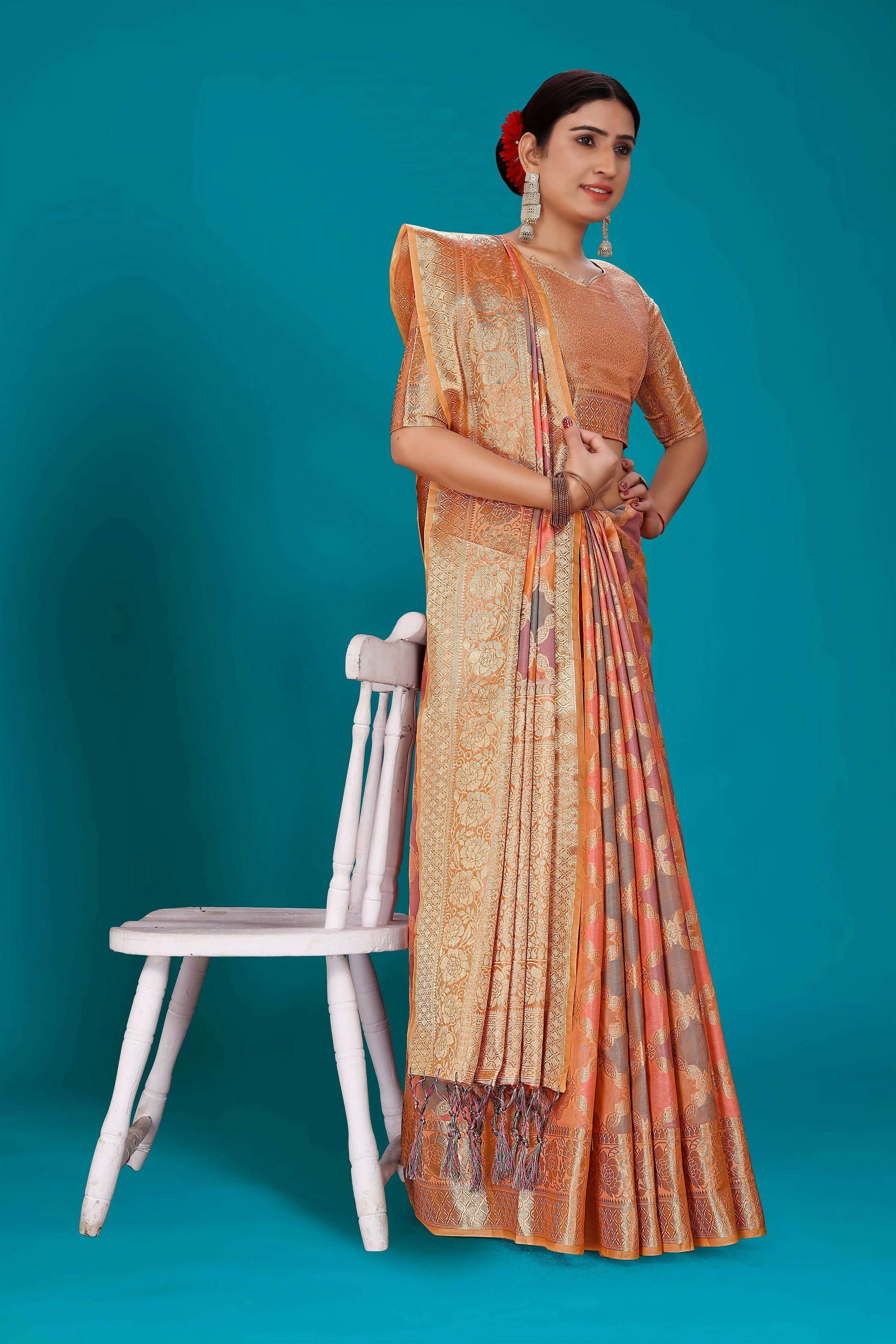 Orange Soft Organza Woven Design Saree with Unstitched Blouse Piece - Zaara