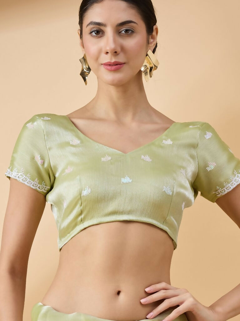 Green Tissue Slub Embroidered Saree with Unstitched Blouse - Vairagi