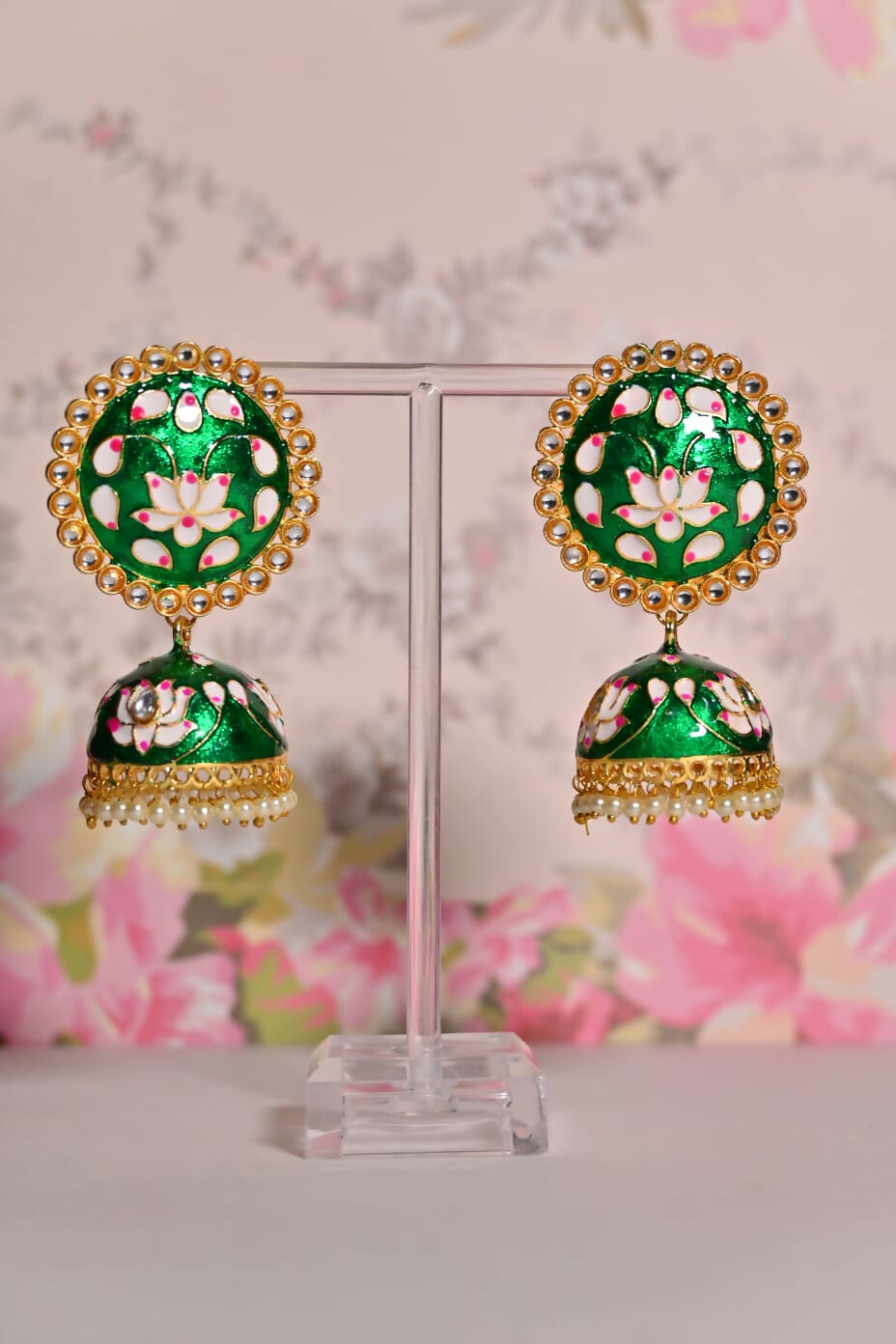Green Round Shape Ethnic Meenakari Jhumki Earrings By House of Ree House of Ree