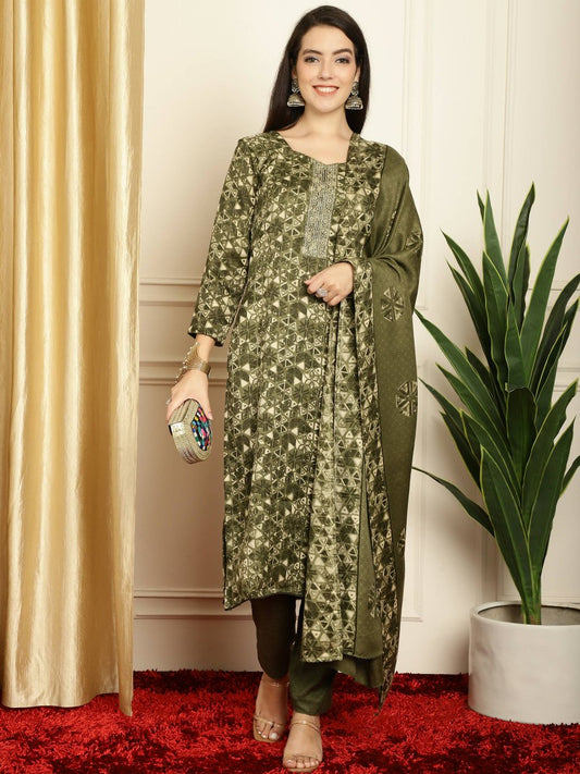 Aastha Fashion Women's Green Pashmina Floral Digital Printed Kurta with Trouser & Dupatta - Grab2buy