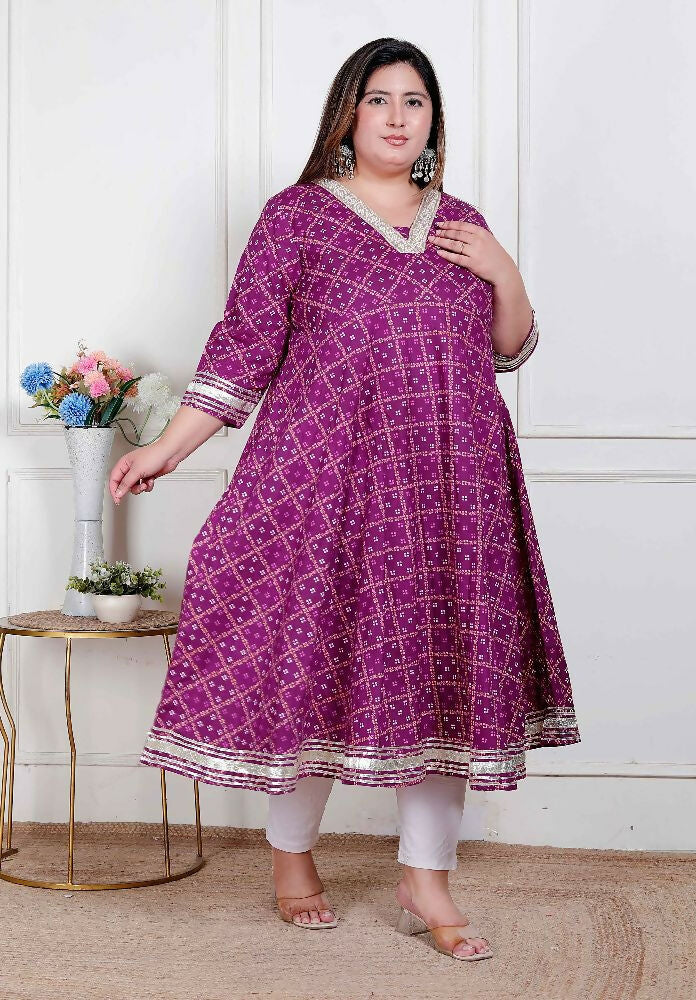 Miravan Plus Size Women Cotton Magenta Gota Lace And Embroidered Anarkali Kurta