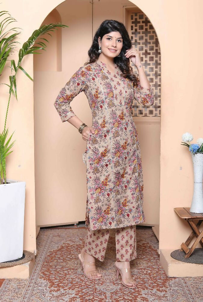Miravan Womens Pure Cotton Straight Floral Printed Kurta With Palazzo-Multicolor